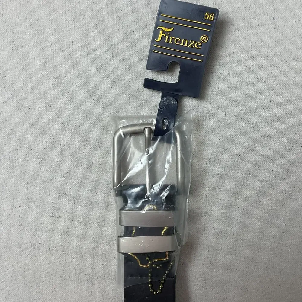 Firenze Genuine Leather Mens Size 56 Classic Black Dress Belt with Buckle NWT